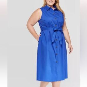 Ava & Viv Women’s  Blue Sleeveless collared Button Down Belted Midi Dress